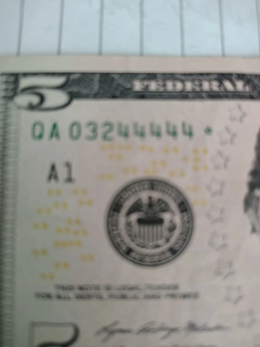 US $5  Bill -Replacement Note(Star Note) with Multiple B.E.P. Printing Errors!